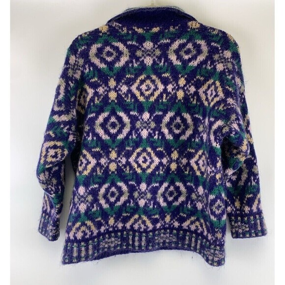 Benetton Sweater Collared Purple Green Pattern Pullover Button Wool Women Medium - Picture 2 of 15